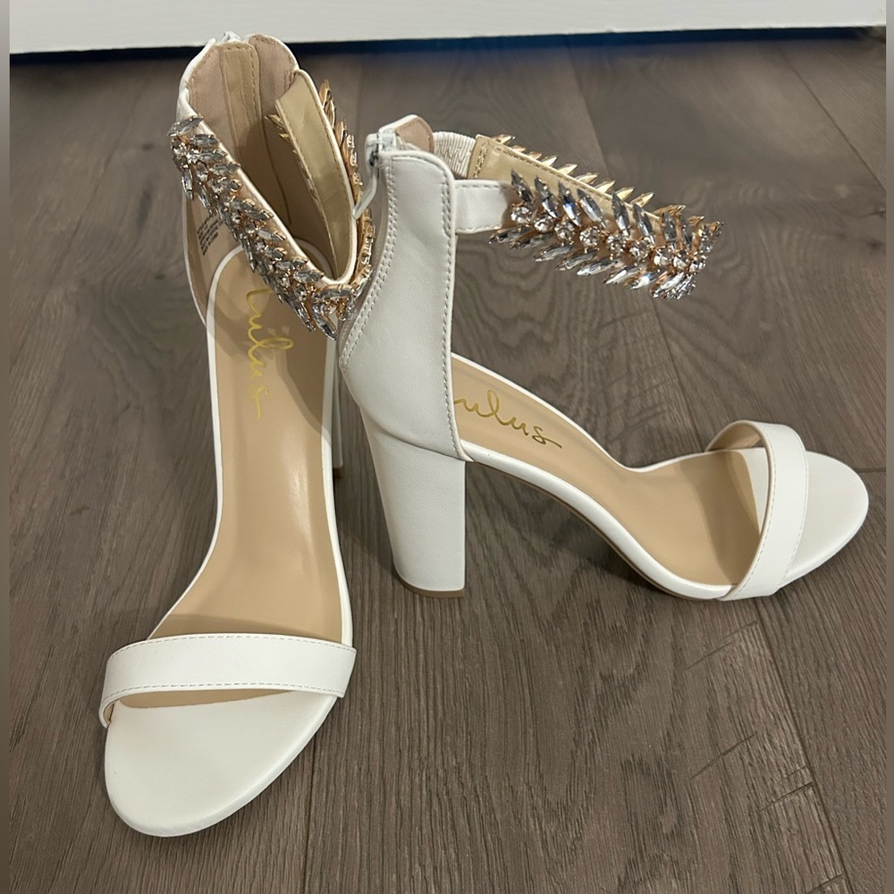 Lulu's White Embellished Ankle Strap Block Heels